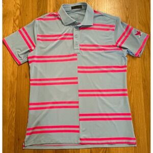 G/FORE Polo Shirt‎ Men's Medium Gray Neon Coral Stripe Golf 1992 Logo